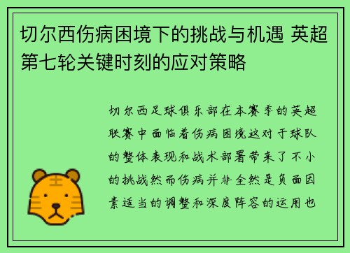 切尔西伤病困境下的挑战与机遇 英超第七轮关键时刻的应对策略