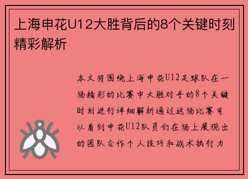 上海申花U12大胜背后的8个关键时刻精彩解析