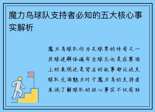 魔力鸟球队支持者必知的五大核心事实解析