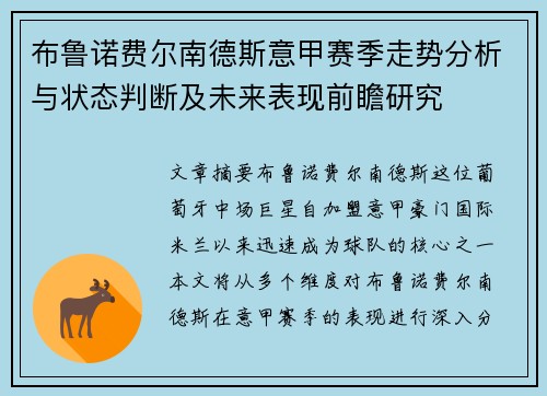 布鲁诺费尔南德斯意甲赛季走势分析与状态判断及未来表现前瞻研究