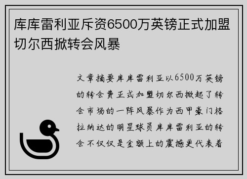 库库雷利亚斥资6500万英镑正式加盟切尔西掀转会风暴