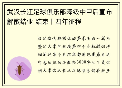 武汉长江足球俱乐部降级中甲后宣布解散结业 结束十四年征程 武汉长江足球俱乐部降级中甲后宣布解散结业 结束十四年征程